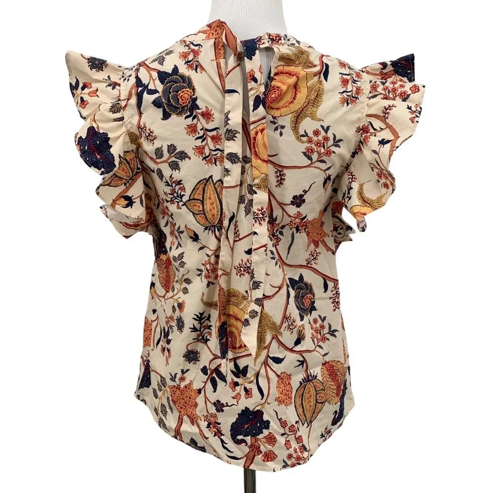Elie Tahari SZ Small Multicolor Blouse Short Flutter Sleeve Paisley Floral Top - Picture 2 of 7
